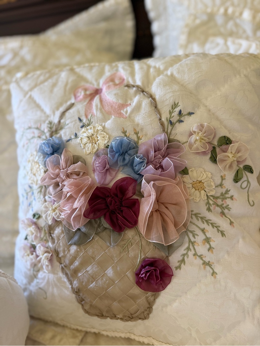 Decorative Floral Ribbon Comforter Pillow in Cream, Pink & Blue